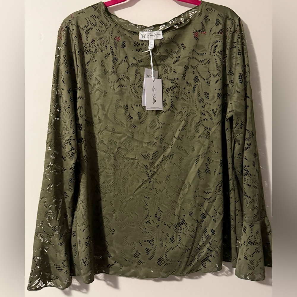 Jessica Simpson Olive Lace Bell-Sleeve Blouse